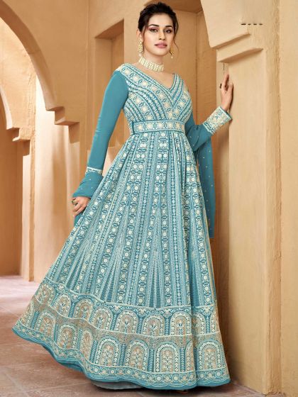 Blue Thread Embroidered Anarkali Salwar Kameez