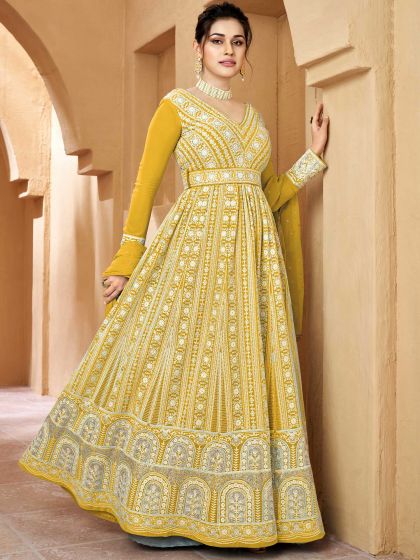 Yellow Chikankari Work Anarkali Suit