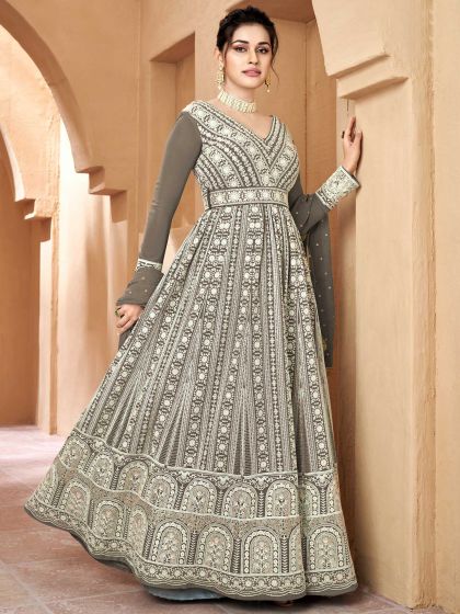 Grey Anarkali Suit With Chikankari Work