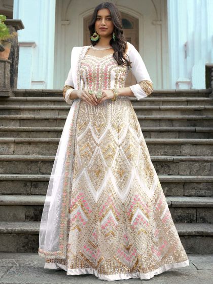 White Sequins Embroidered Festive Anarkali Salwar Suit