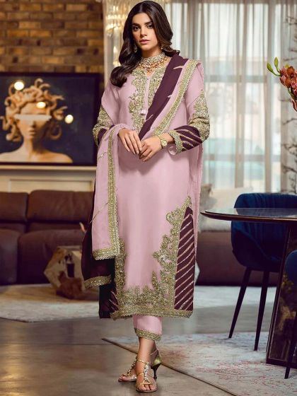 Purple Embroidered Pant Suit In Georgette