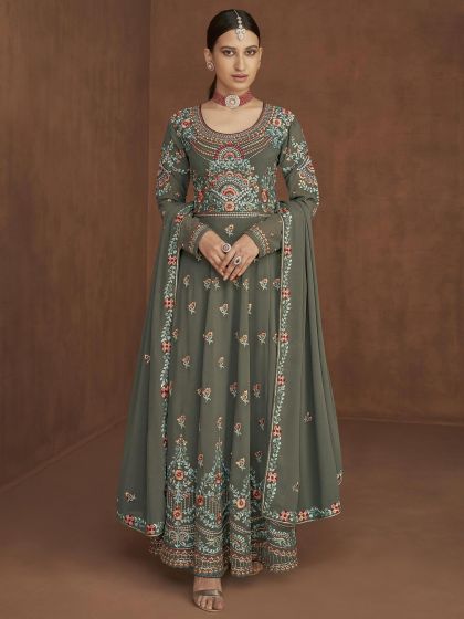 Grey Thread Embroidered Anarkali Salwar Kameez