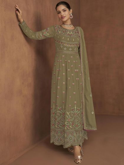 Green Anarkali Suit With Thread Embroidery