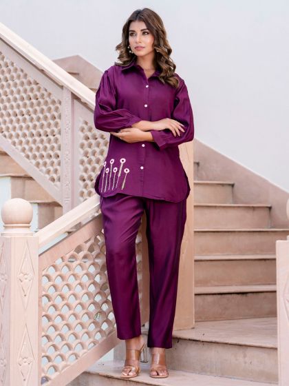 Wine Readymade Co- Ord Set In Hand Work