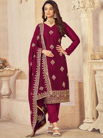 Magenta Pant Style Salwar Kameez With Dupatta