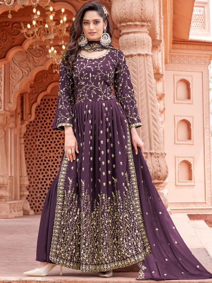 Purple Embroidered Sharara Salwar Suit In Georgette