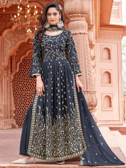 Grey Thread Embroidered Sharara Style Salwar Suit