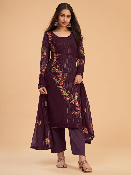 Purple Embroidered Pant Style Suit In Georgette