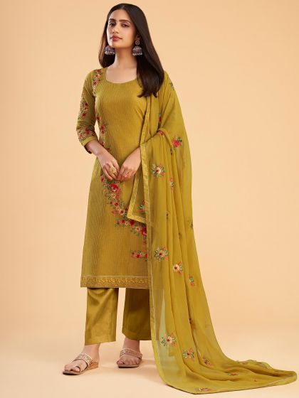 Yellow Pant Style Salwar Suit With Embroidery