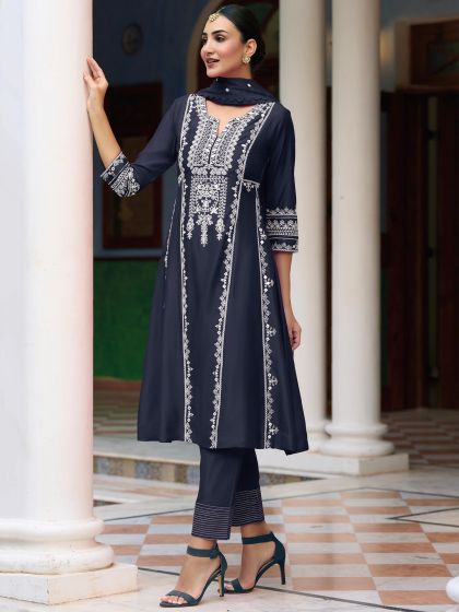 Blue Embroidered Pant Style Suit In Art Silk