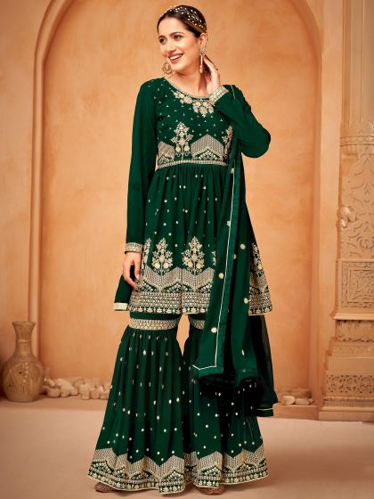 Green Embroidered Sharara Suit In Georgette
