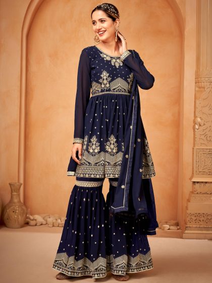 Blue Festive Embroidered Sharara Salwar Kameez