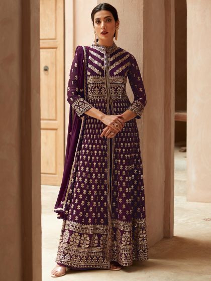 Purple Embroidered Slitted Suit In Georgette