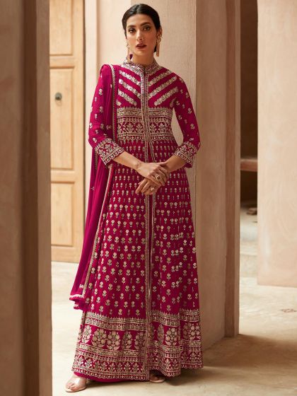 Pink Thread Embroidered Palazzo Salwar Suit In Georgette