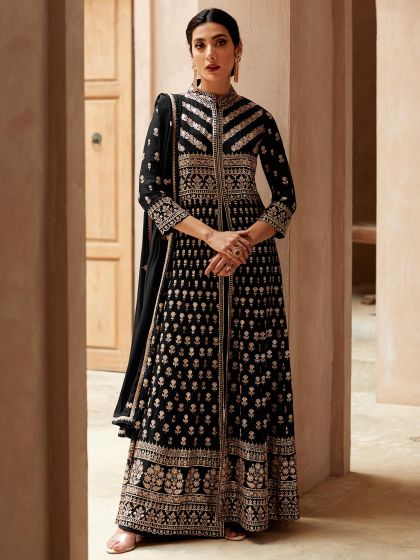 Black Embroidered Slitted Palazzo Suit In Georgette