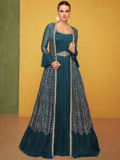 Blue Embellished Silk Jacket Style Anarkali Salwar Kameez