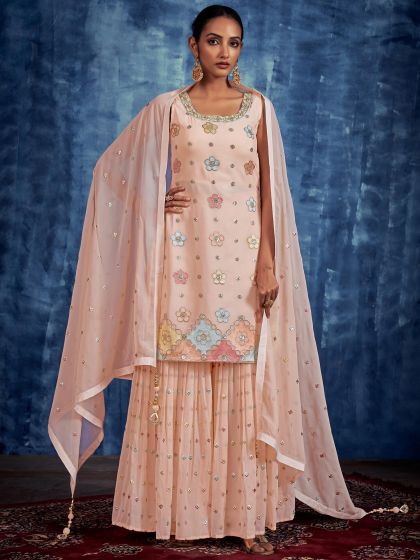 Peach Georgette Sharara Style Suit With Embroidery