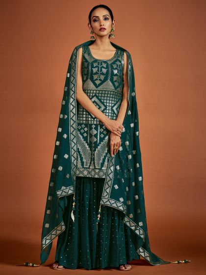 Green Sequins Embroidered Sharara Salwar Suit