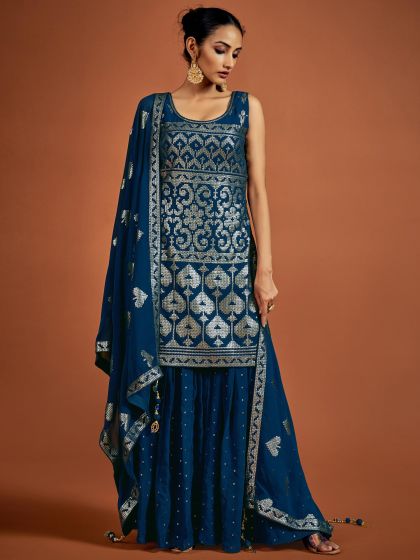 Blue Festive Embroidered Sharara Salwar Kameez