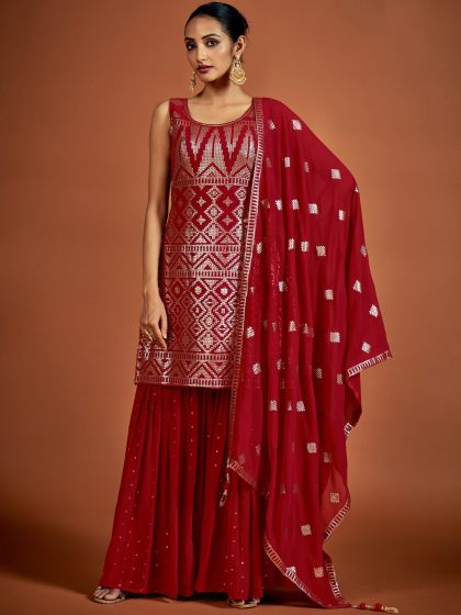 Red Festive Pakistani Suit With Sequins Embroidery