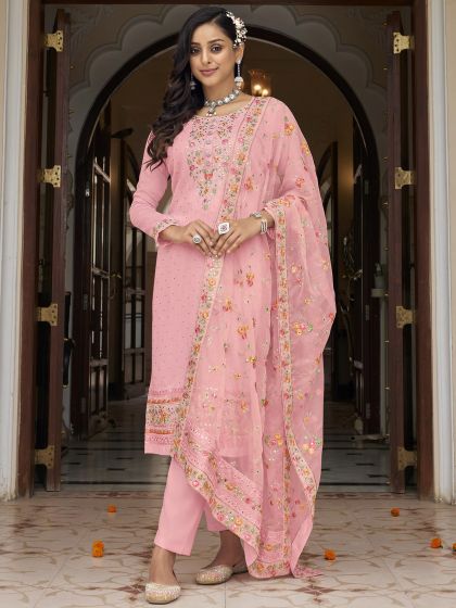 Pink Thread Embroidered Pant Style Salwar Suit