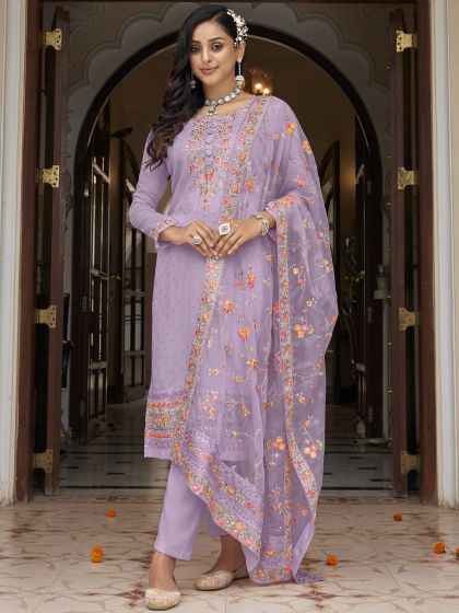 Purple Embroidered Pant Suit With Dupatta