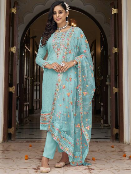 Blue Straight Cut Pant Suit With Embroidery