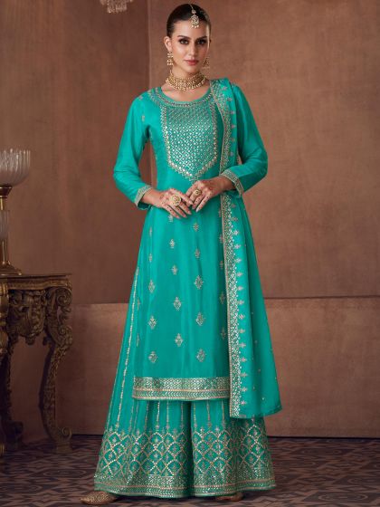 Turquoise Embroidered Palazzo Style Suit In Georgette