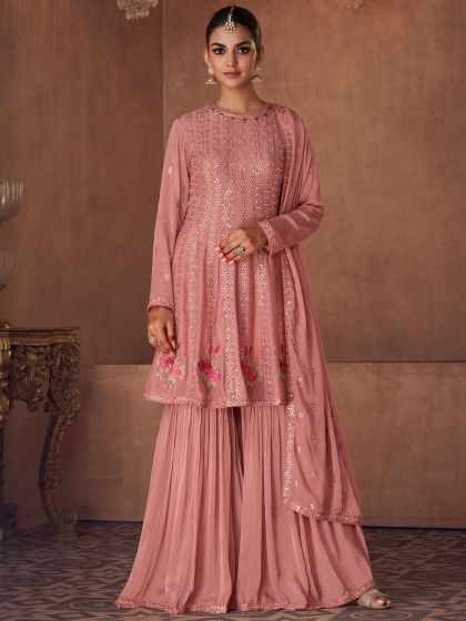 Peach Sequined Sharara Style Salwar Suit With Dupatta