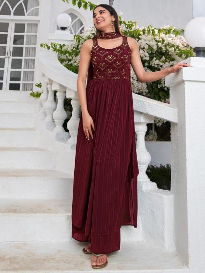 Maroon Embroidered Palazzo Suit In Georgette