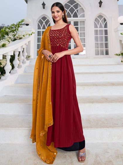 Red Gathered Palazzo Suit With Embroidery