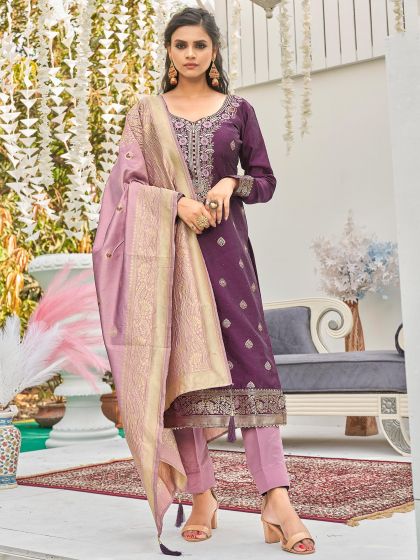 Purple Woven Pant Suit In Banarasi Silk