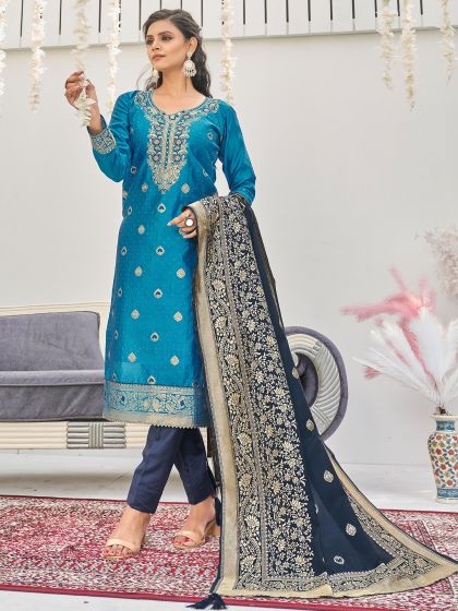 Blue Woven Festive Suit In Banarasi Silk