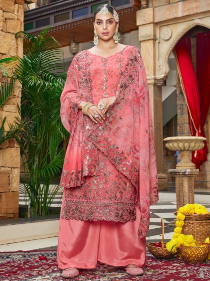 Peach Palazzo Style Salwar Suit With Prints