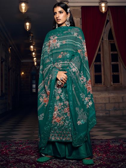 Green Floral Printed Suit With Dupatta