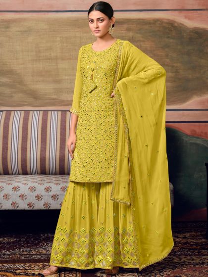 Neon Yellow Mirror Embroidered Pakistani Style Suit