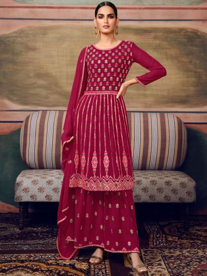 Magenta Festive Embroidered Sharara Salwar Kameez