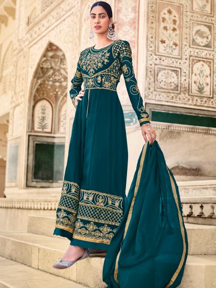 Blue Slitted Anarkali Suit With Embroidery