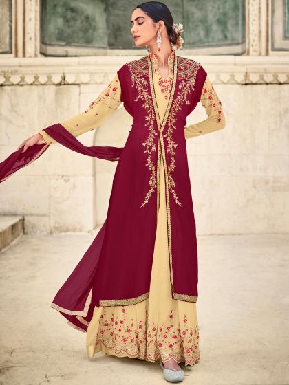 Cream Jacket Style Anarkali Suit With Embroidery