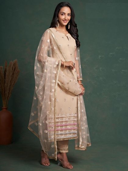 Beige Sequined Pant Style Salwar Suit In Net