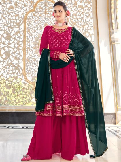 Pink Thread Embroidered Palazzo Style Salwar Kameez