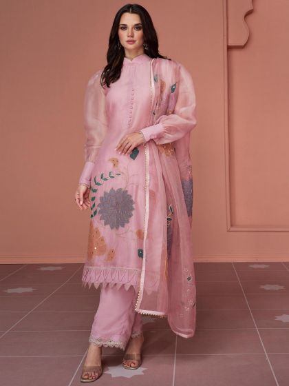 Pink Designer Pant Style Suit In Organza