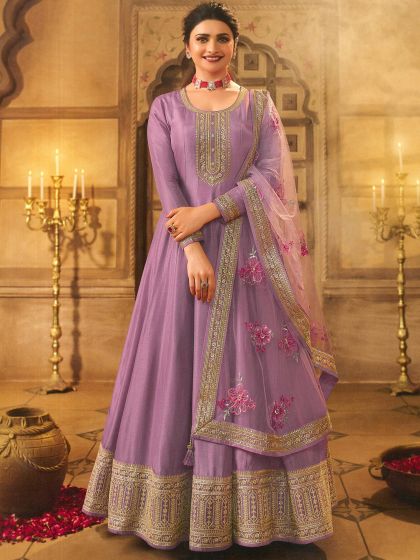 Prachi Desai Purple Embroidered Silk Salwar Suit