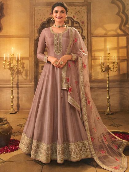 Prachi Desai Brown Embroidered Suit In Art Silk