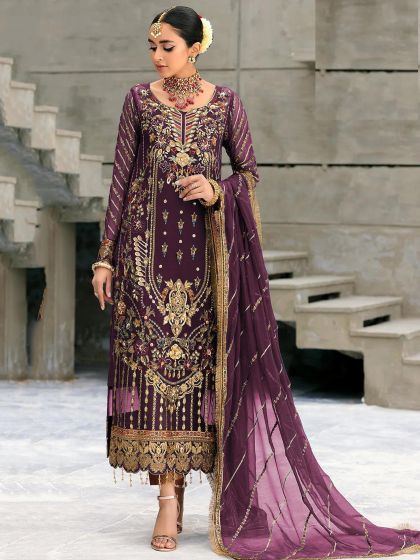 Purple Stone Embellished Pant Suit With Dupatta