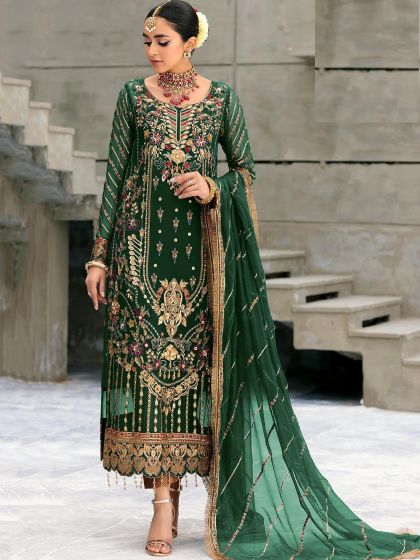 Green Pant Style Georgette Suit With Embroidery