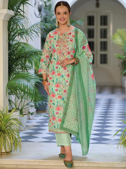 Green Floral Printed Salwar Kameez In Linen