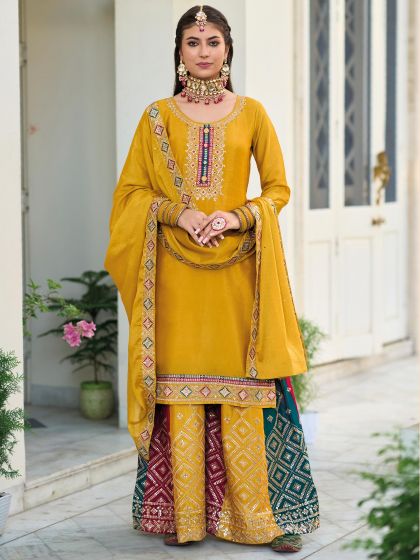 Yellow Embroidered Sharara Style Salwar Suit In Crepe