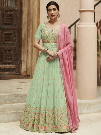 Green Mirror Work Anarkali Salwar Kameez In Georgette