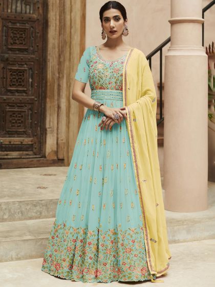 Blue Embroidered Long Anarkali Suit With Dupatta